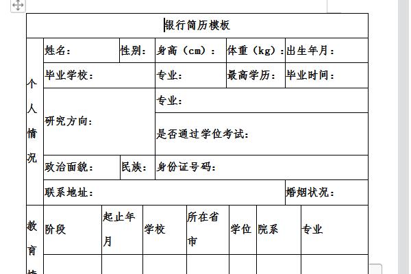 银行招聘简历模板免费版